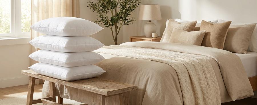 Stack of EDOW pillow inserts on a bench