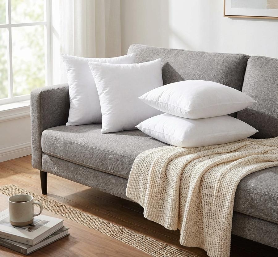 Four EDOW pillows on a gray couch